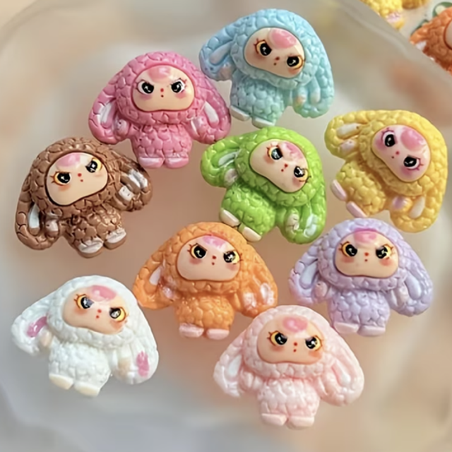 Kawaii mini rabbit resin figures with long ears, cute face, assorted pastel colors