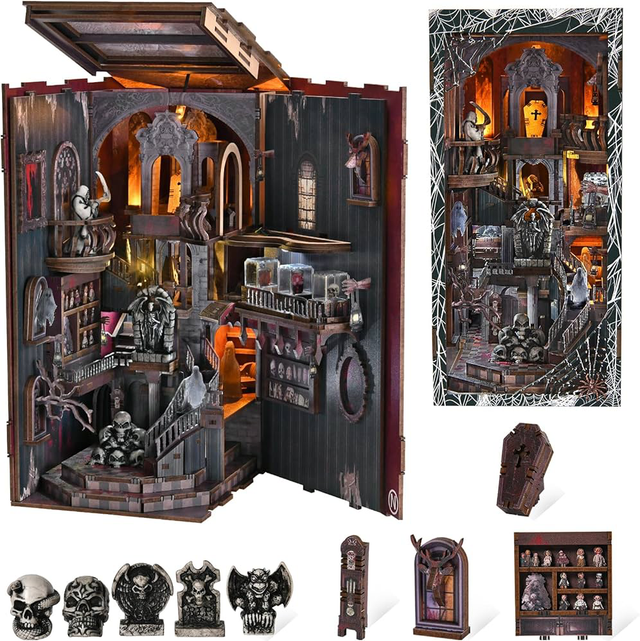 DIY miniature haunted bookshelf insert with accessories and small prop books, open view