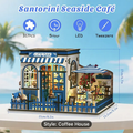 DIY miniature seaside cafe house kit with blue fence and striped awning