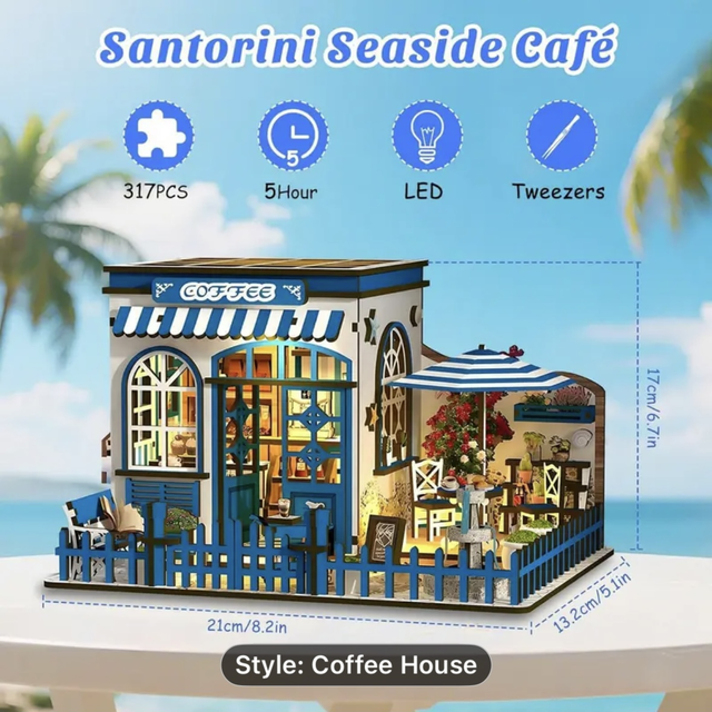 DIY miniature seaside cafe house kit with blue fence and striped awning