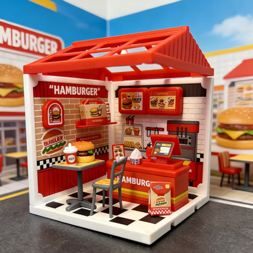 Miniature DIY burger restaurant set with red counter, grill, and sign, white facade