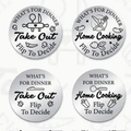 Round flip coins set: 'Take Out' and 'Home Cooking' sayings with black icons