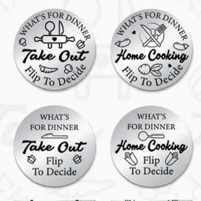 Round flip coins set: 'Take Out' and 'Home Cooking' sayings with black icons