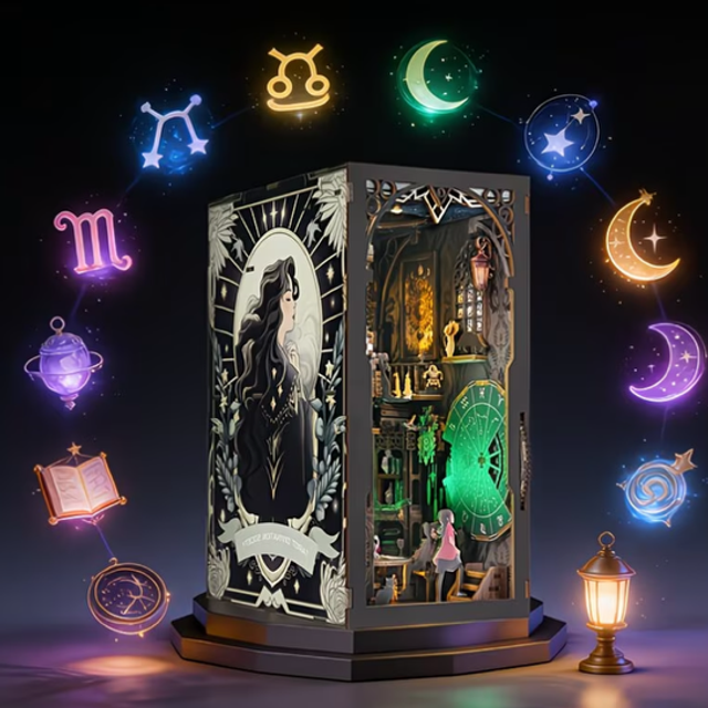 Miniature tarot-themed bookshelf insert with arched compartment and occult artwork