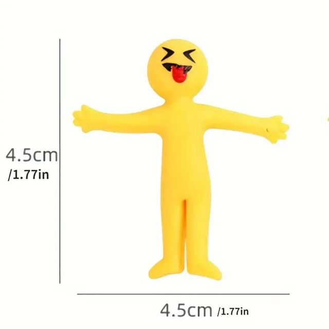 Mini stretching figure toy, bright yellow with red face and arms out