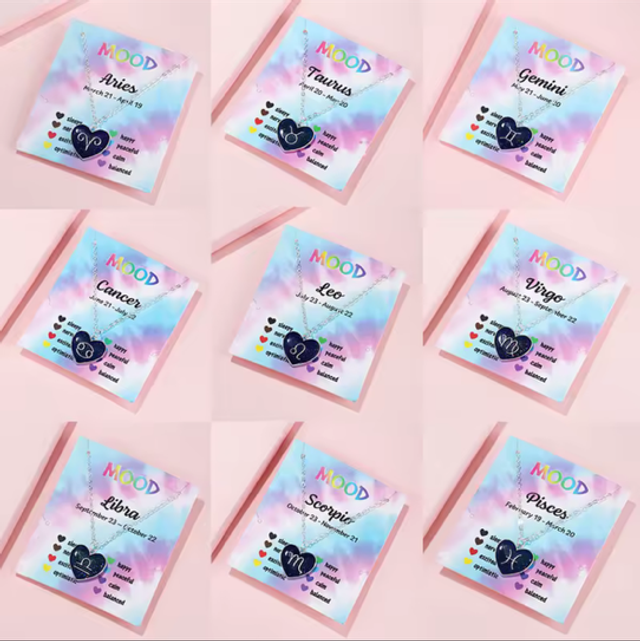 Temperature-sensitive zodiac mood pendant necklace cards with colorful mood graphics