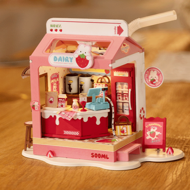Kawaii miniature DIY milk box scene kit with open strawberry-themed storefront