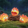 Three mini flame character figurines with open mouths around a bundle of twigs