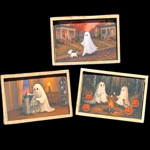 Mini picture frame with playful ghost and pumpkins artwork in a beige border