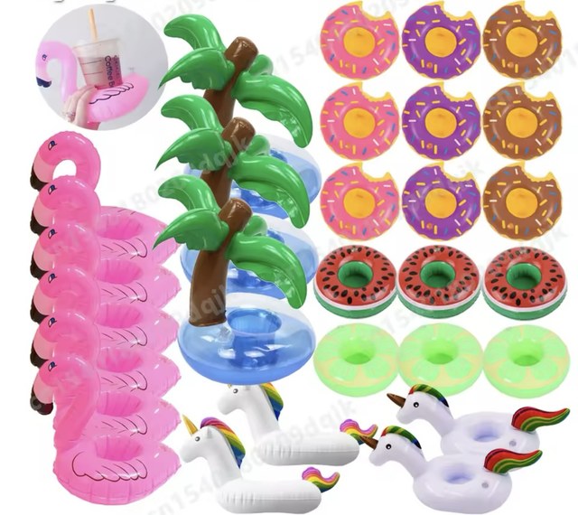 Inflatable pool drink holder set with flamingo, palm tree, donuts and watermelon slices