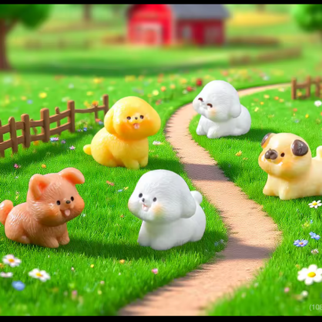 Set of mini kawaii dog figurines: orange, yellow, white, tan, and brown pups.