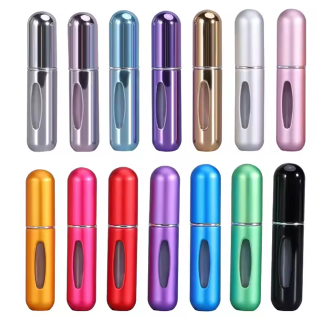 Mini travel refillable perfume or aftershave dispenser tubes, assorted colors, with spray nozzles