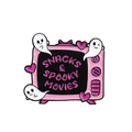 Horror pin badge with pink frame, black text “Snacks & Spooky Movies,” and ghost icons