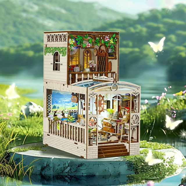 Miniature DIY bookshelf insert with open two-level house-style frame and decorative details