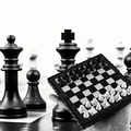 Mini travel chess set with hinged board, black and white pieces