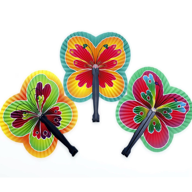 Foldable butterfly handheld fan set, multicolor scalloped petals with short handles
