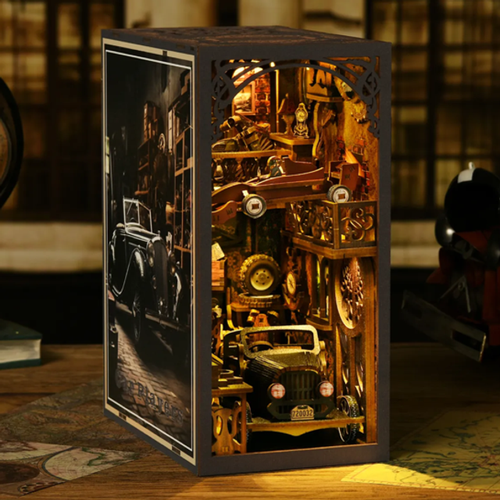 DIY miniature bookshelf insert kit box with car-themed artwork and open display panel