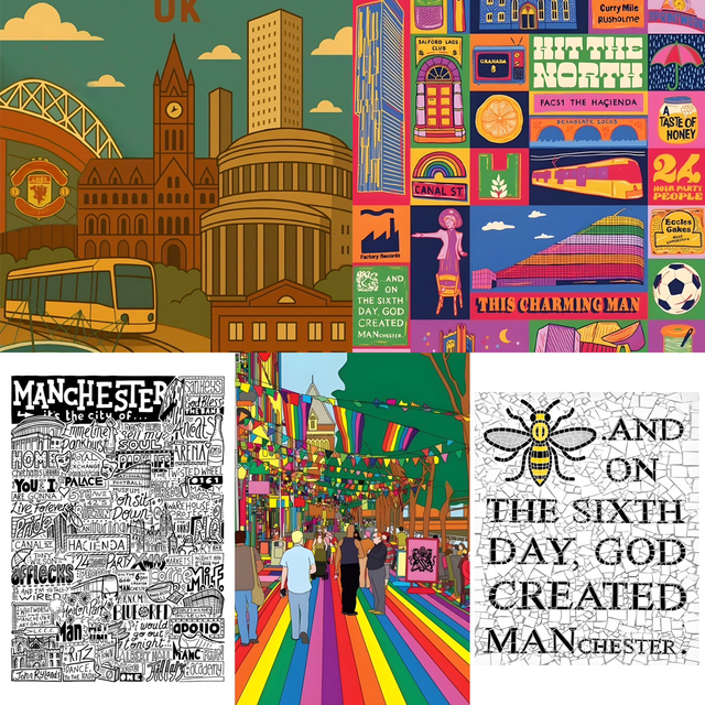 Manchester postcard with colorful city illustration and quote: "God created Manchester"