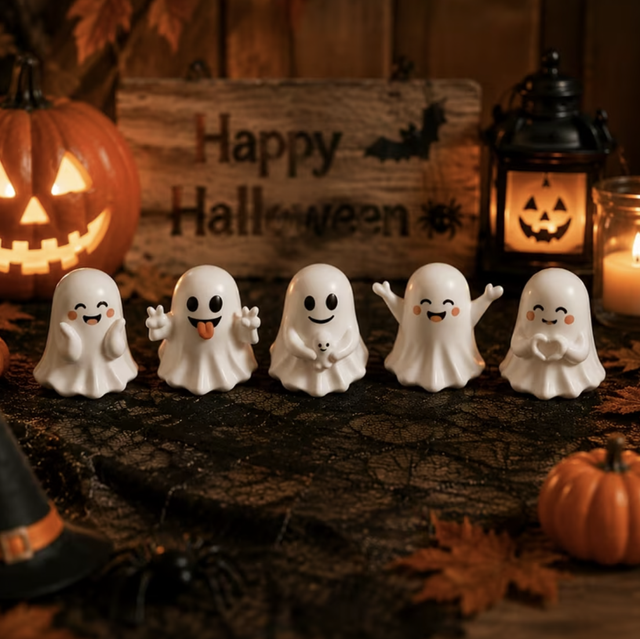 Five small white kawaii ghost figurines with smiling faces, open mouths, and raised arms