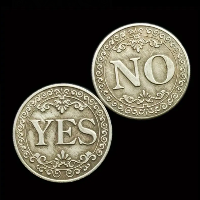 Yes/No flip coin set with two round metallic coins showing “YES” and “NO”