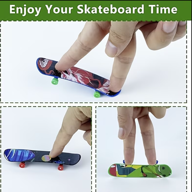 Finger skateboard with colorful graphic deck and green wheels, held by fingers