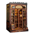Miniature wooden bookshelf insert kit with arched window shelves and tiny books and decor
