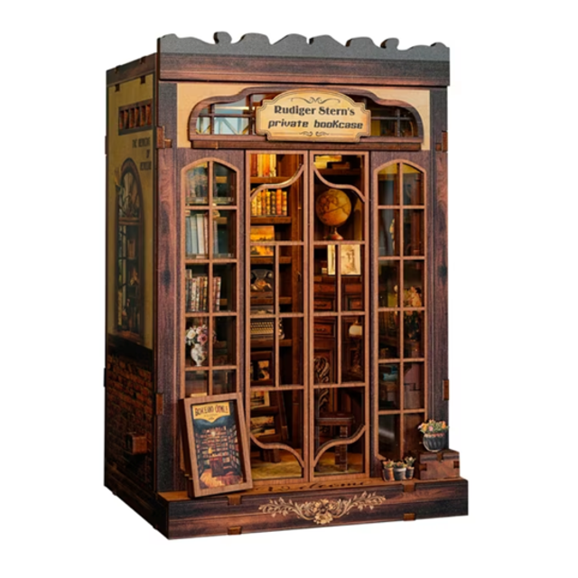 Miniature wooden bookshelf insert kit with arched window shelves and tiny books and decor