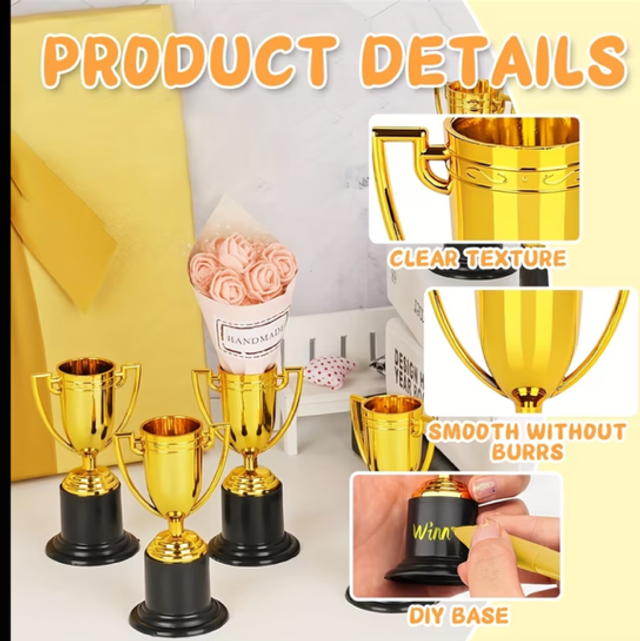 Mini gold trophy cups with black bases, small handheld trophies set
