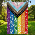 LGBTQ+ pride woven flag with rainbow vertical stripes and decorative symbols, on hanging pole