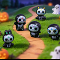 Mini kawaii resin figurine of a black cat skull character with Day of the Dead face paint