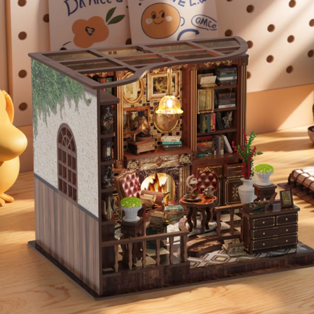 Miniature book reading room bookshelf insert kit with lit interior shelves and decor