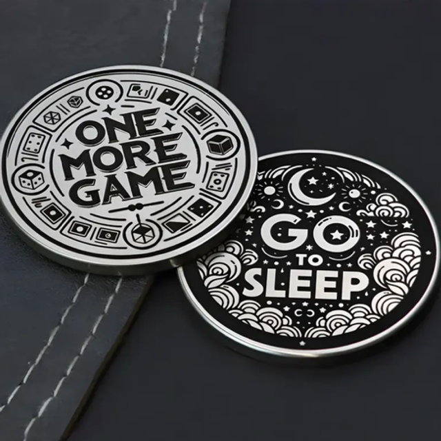 Round flip coins set, silver with game and sleep graphic text