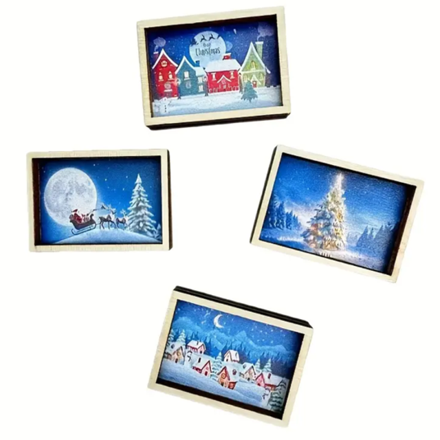 Set of mini Christmas picture frames with winter village and snowy night scenes