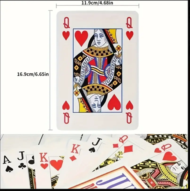 Jumbo playing card with illustrated queen face and red hearts and clubs suits