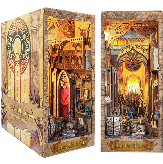 Miniature bookshelf insert kit with dragon castle scene and tiny books, DIY box