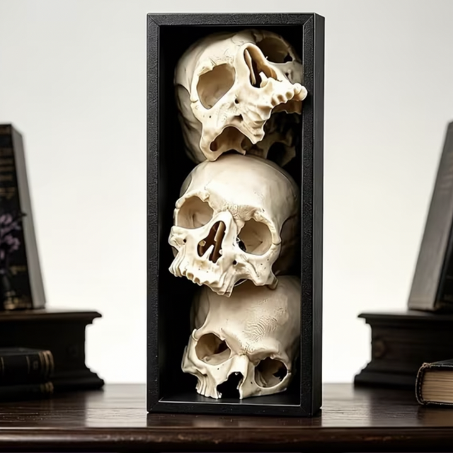Black rectangular book end with three stacked white skull sculptures