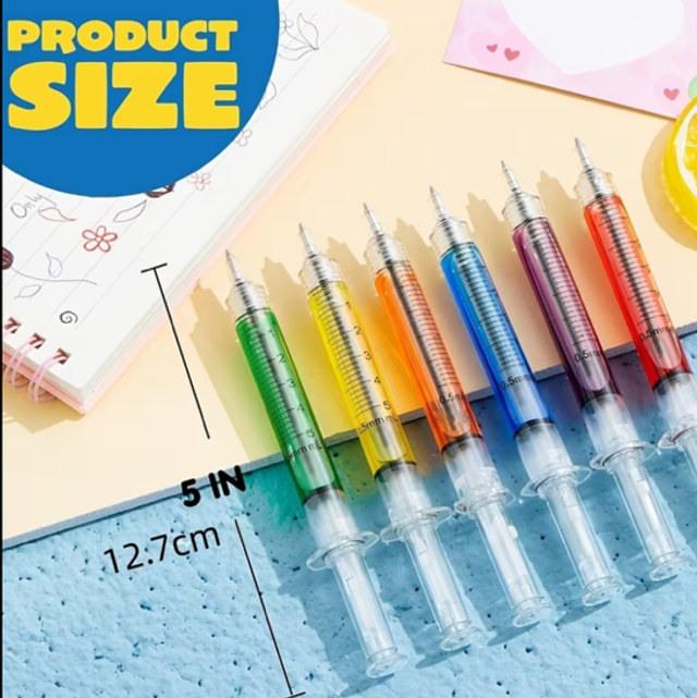 Colorful syringe-shaped novelty pens with transparent barrels and metal tips