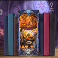 LED-lit miniature bookshelf insert with illustrated arched room scene