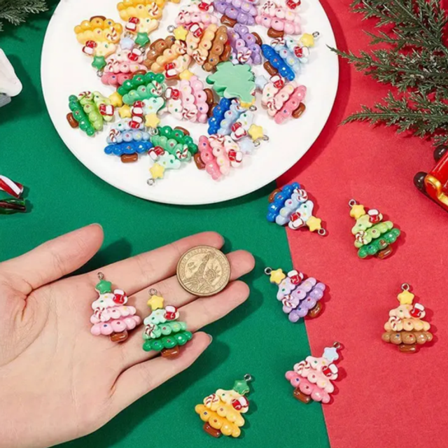 Tree-shaped resin charms, multicolor with small hanging loops