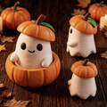 Kawaii pumpkin ghost figure: white ghost with orange pumpkin cap and carved pumpkin base