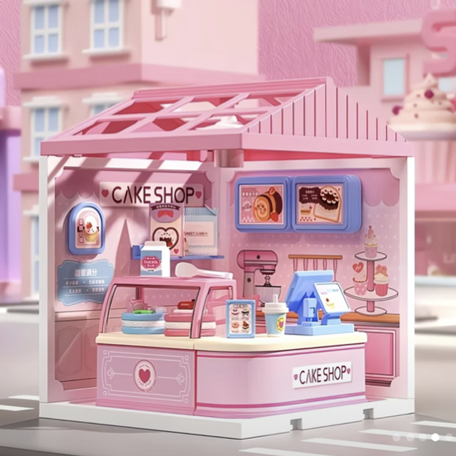 Miniature DIY cake shop scene kit with pink storefront and counter display accessories