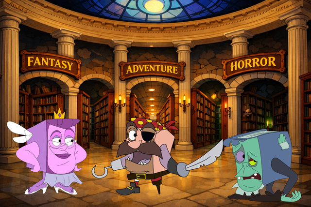 Cartoon library art postcard with signs: Fantasy, Adventure, Horror