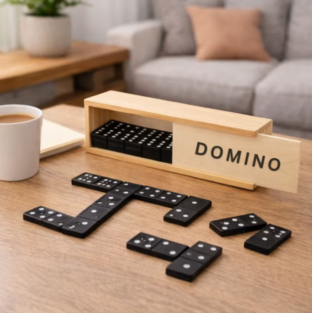 Mini domino travel game set with wooden case and black domino tiles labeled DOMINO
