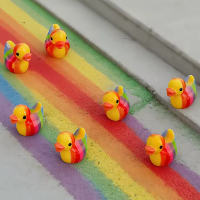 Mini rainbow duck figurines, yellow body with red stripes and blue wings