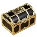 Large black and gold treasure chest with ornate metal detailing and arched frame