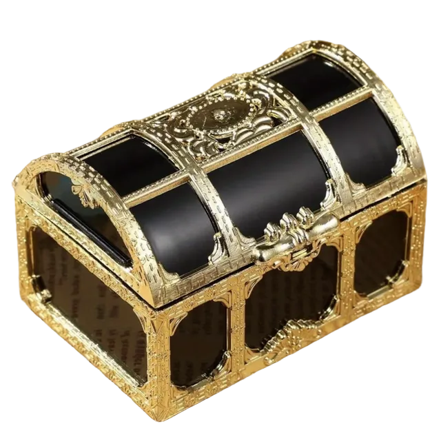 Large black and gold treasure chest with ornate metal detailing and arched frame