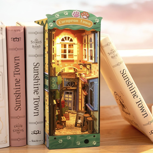 Miniature bookshelf insert with European Town facade and small printed interior scene.