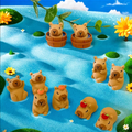 Kawaii mini capybara figure set, with small standing figures and two capybaras in barrels