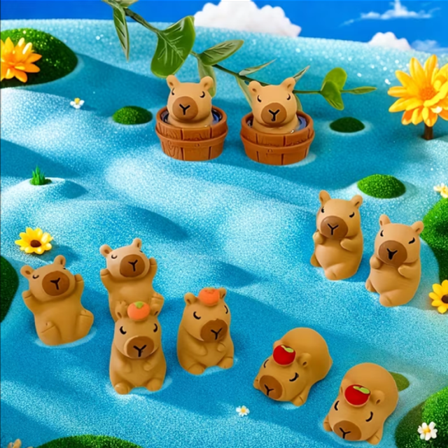 Kawaii mini capybara figure set, with small standing figures and two capybaras in barrels