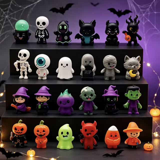 Halloween horror mini figure set with assorted cute monster and ghost designs on display shelf